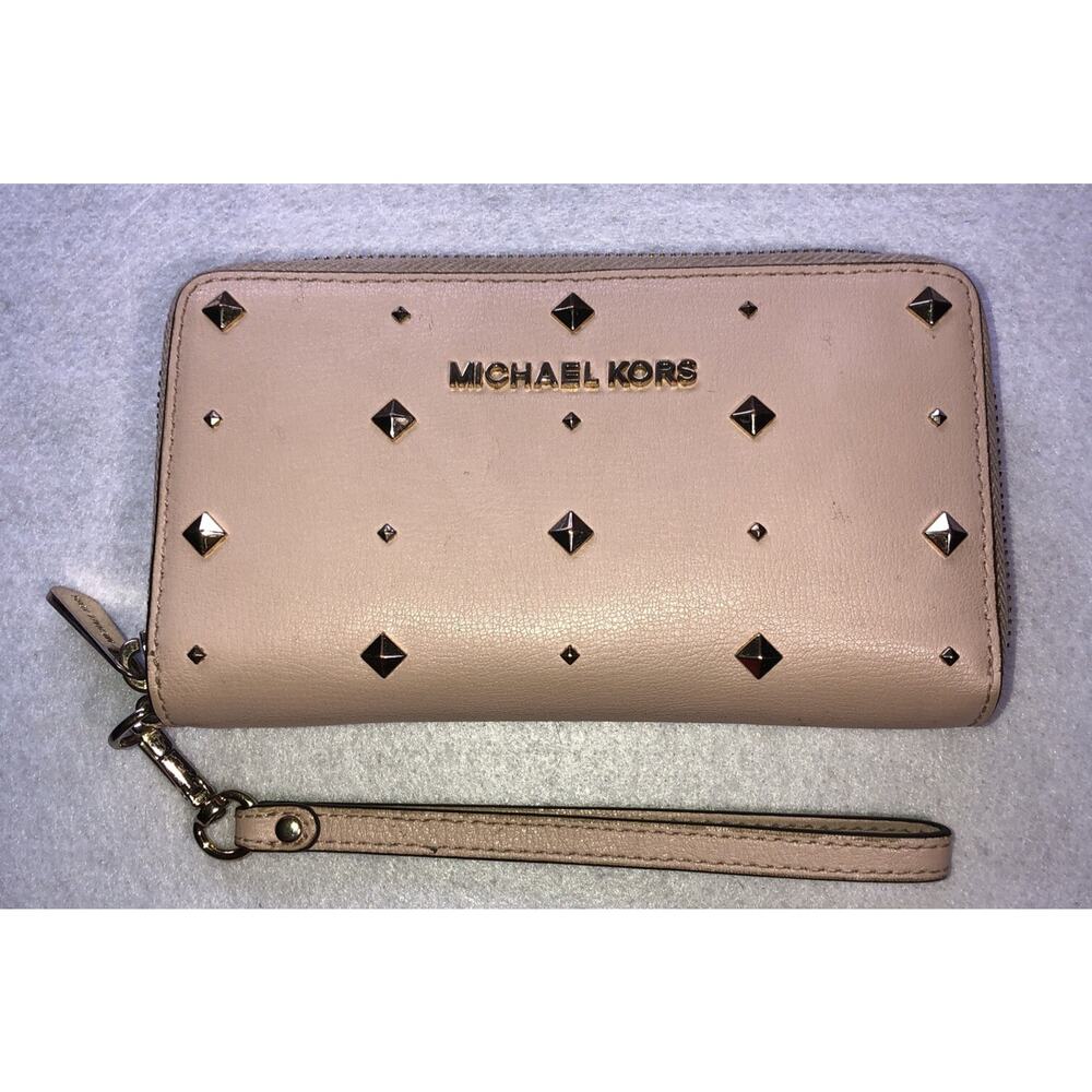 Michael Kors Jet Set Travel Wristlet Strap Clutch Wallet Tan Beige